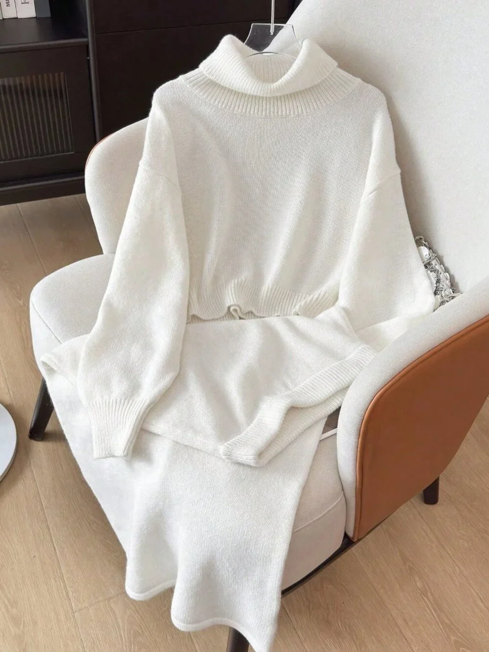 cream Casual Women's Knitted High Neck Maxi Sweater and Skirt 2 piece coord Set